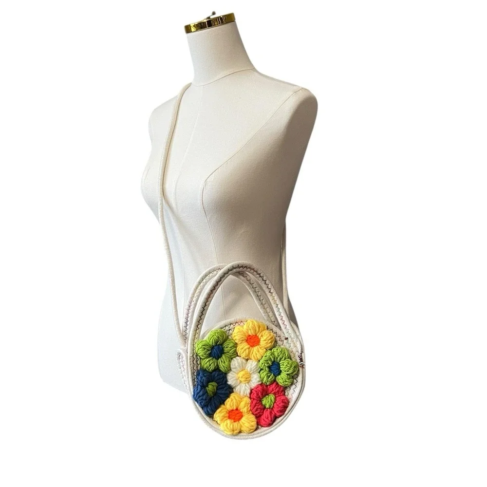 Crochet Floral Crossbody Bag Colorful Flower Boho Cottagecore Woven Open
